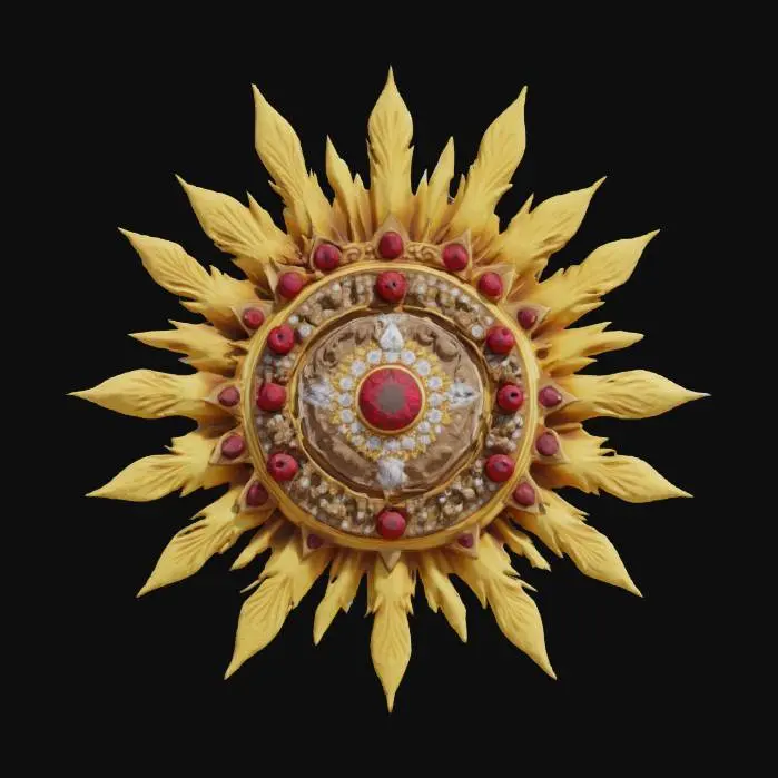 3D model for A radiant sunburst with 12 golden rays and a jewel-encrusted center medallion, baroque styling in gold and ruby.  #emblem#