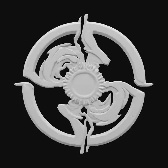 3D model for Twin lightning bolt emblem spiraling into a vortex around a central storm eye rune, cast in brushed silver and sapphire glow.  #emblem#