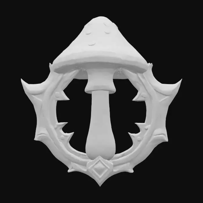3D model for Psyshroom Sigil Emblem
An arcane emblem shaped like a stylized badge with a central pink toadstool mushroom, flared cap speckled in bright green, its stalk glowing white against a blackened metal crest. #Emblem#