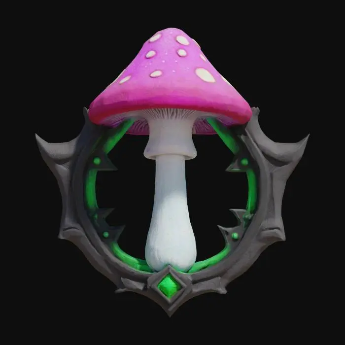 3D model for Psyshroom Sigil Emblem
An arcane emblem shaped like a stylized badge with a central pink toadstool mushroom, flared cap speckled in bright green, its stalk glowing white against a blackened metal crest. #Emblem#