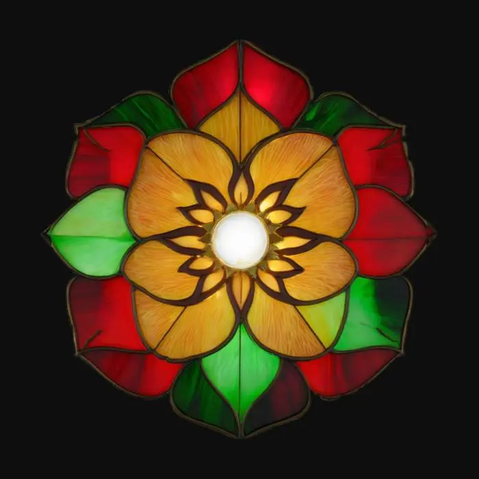 3D model for Roseglass Order Emblem
A stylized rose crafted from crimson, green, and gold stained glass, petals layered in concentric rings around a central sunburst core. Framed by metallic thorns and glowing light from within. #Emblem#