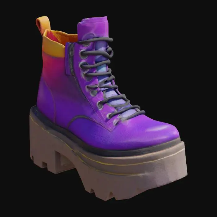 3D model for "Chunky platform boot with gradient color fade and stylized zipper pull, shown at side profile angle, fully framed on white."