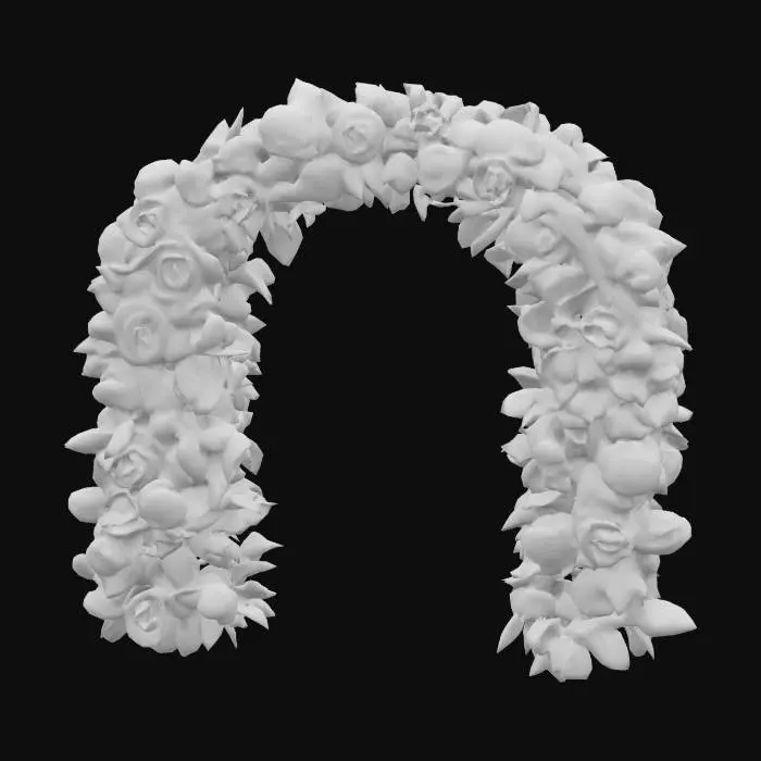 3D model for A vibrant, living floral arch, constructed from a dense weave of blooming roses and climbing ivy. The petals are soft and velvety in shades of deep red and soft pink, contrasting with the glossy, waxy leaves of the ivy. Its texture is a mix of delicate petals and firm, woody stems. The overall shape is a lush, asymmetrical curve, constantly changing as new blooms emerge and old ones fade. #arch#