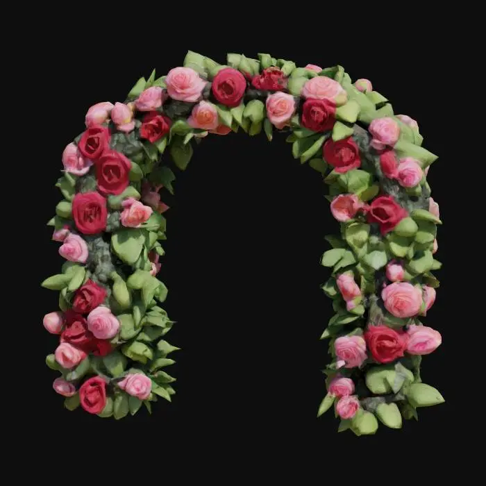 3D model for A vibrant, living floral arch, constructed from a dense weave of blooming roses and climbing ivy. The petals are soft and velvety in shades of deep red and soft pink, contrasting with the glossy, waxy leaves of the ivy. Its texture is a mix of delicate petals and firm, woody stems. The overall shape is a lush, asymmetrical curve, constantly changing as new blooms emerge and old ones fade. #arch#