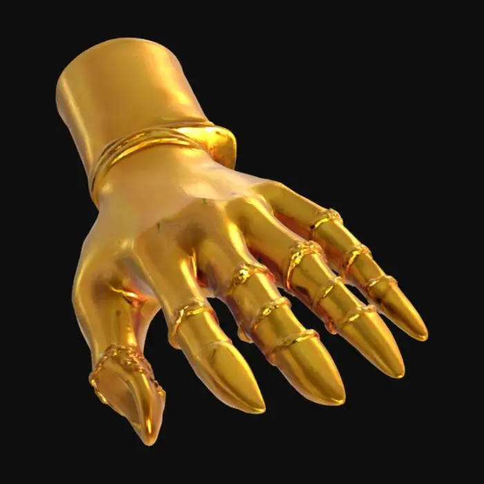 3D model for A solid gold claw hand, with shiny reflective surface. 