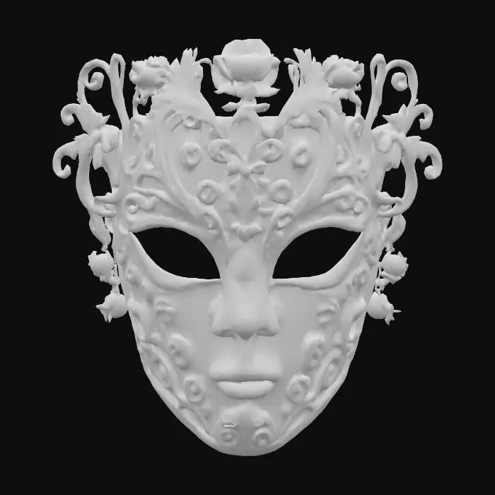 3D model for A ceremonial golden mask, intricately sculpted with delicate filigree resembling scrolling vines and blossoms. Its surface possesses a highly polished, reflective luster, catching the light with a brilliant, warm gleam. The eyeholes are almond-shaped, and the entire piece has a smooth, cool metallic feel, suggestive of lightweight, finely worked gold.