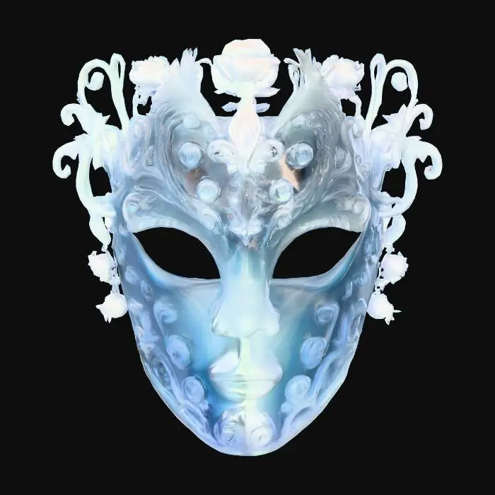 3D model for A ceremonial golden mask, intricately sculpted with delicate filigree resembling scrolling vines and blossoms. Its surface possesses a highly polished, reflective luster, catching the light with a brilliant, warm gleam. The eyeholes are almond-shaped, and the entire piece has a smooth, cool metallic feel, suggestive of lightweight, finely worked gold.