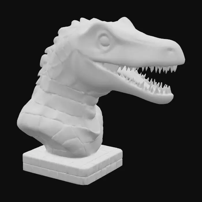 3D model for A fierce T-Rex head bust, crafted from large, angular fragments of intensely colored rainbow stained glass. The surface is a chaotic yet cohesive assemblage, feeling both cool and rough to the touch due to the exposed, sharp edges of the glass. Its eyes are deep, glowing orbs, and the segmented construction gives it a formidable, almost crystalline appearance, reflecting light dramatically.