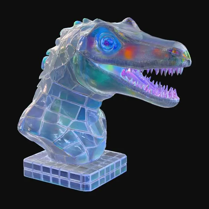 3D model for A fierce T-Rex head bust, crafted from large, angular fragments of intensely colored rainbow stained glass. The surface is a chaotic yet cohesive assemblage, feeling both cool and rough to the touch due to the exposed, sharp edges of the glass. Its eyes are deep, glowing orbs, and the segmented construction gives it a formidable, almost crystalline appearance, reflecting light dramatically.