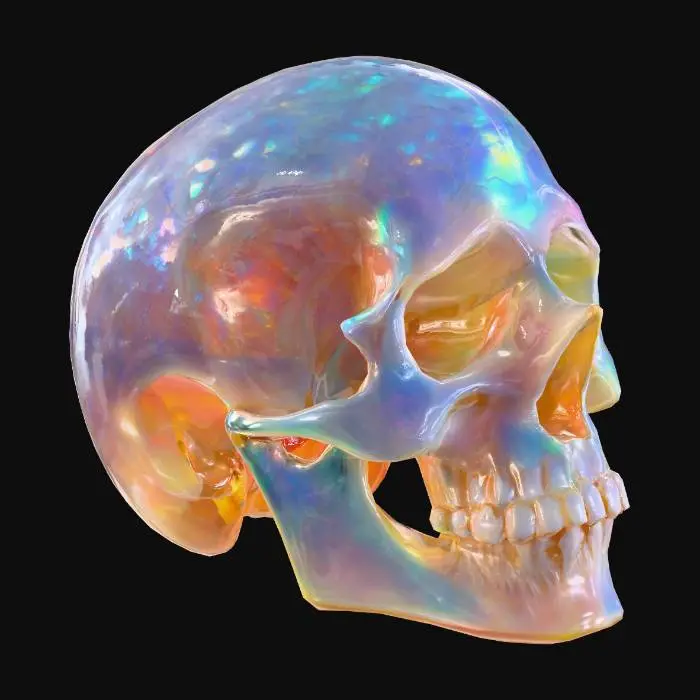 3D model for An opal skull. The exquisite carved gemstone showcases a milky, translucent quality, allowing for an internal glow that emanates a full spectrum of radiant, opalescent hues. Fine, hair-thin internal veins catch and refract light, enhancing the shifting rainbow effect that dances across its pointed ends and along its subtly ridged edges. Blues, reds, yellows, greens, all appear like a real opal in the light.