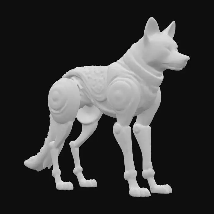 3D model for This magnificent robot wolf stands tall on its mechanical hind legs, its form a masterpiece of ancient-inspired artistry and modern robotics. Its body gleams with a mix of mirror-finished gold and antique silver plating. Across its entire surface, detailed, relief-style carvings depict mythological creatures and intricate swirling patterns. The gold elements highlight these elaborate designs against the silver, creating a regal, almost sacred aesthetic for the technological beast.