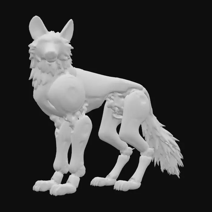 3D model for A powerful robot wolf on its hind legs, exuding strength with its heavily plated, industrial design. Its body is constructed from burnished silver, accented by prominent sections of gleaming gold. Deeply carved into its metallic armor are bold, almost brutalist artistic patterns, featuring broad strokes and symbolic motifs that alternate between the two metals. This gives the robot a formidable yet artistically embellished presence, a blend of raw power and ceremonial design.