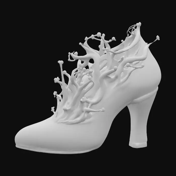 3D model for Conceptual footwear, resembling delicate sea anemones that gently encase the foot and ankle. The material is a translucent, shimmering silicone, adorned with countless fine, flexible tendrils, each tipped with a tiny, reflective pearl. This creates a tactile, soft, and slightly yielding texture. The silicone's natural high-gloss shine is enhanced by a subtle, internal iridescence that glows with soft lavender and pale seafoam green hues, giving it an ethereal, living appearance.