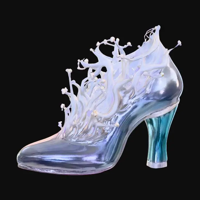 3D model for Conceptual footwear, resembling delicate sea anemones that gently encase the foot and ankle. The material is a translucent, shimmering silicone, adorned with countless fine, flexible tendrils, each tipped with a tiny, reflective pearl. This creates a tactile, soft, and slightly yielding texture. The silicone's natural high-gloss shine is enhanced by a subtle, internal iridescence that glows with soft lavender and pale seafoam green hues, giving it an ethereal, living appearance.