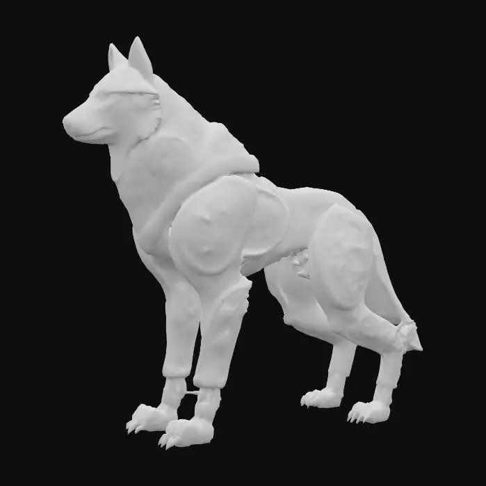 3D model for This magnificent robot wolf stands tall on its mechanical hind legs, its form a masterpiece of ancient-inspired artistry and modern robotics. Its body gleams with a mix of mirror-finished gold and antique silver plating. Across its entire surface, detailed, relief-style carvings depict mythological creatures and intricate swirling patterns. The gold elements highlight these elaborate designs against the silver, creating a regal, almost sacred aesthetic for the technological beast.