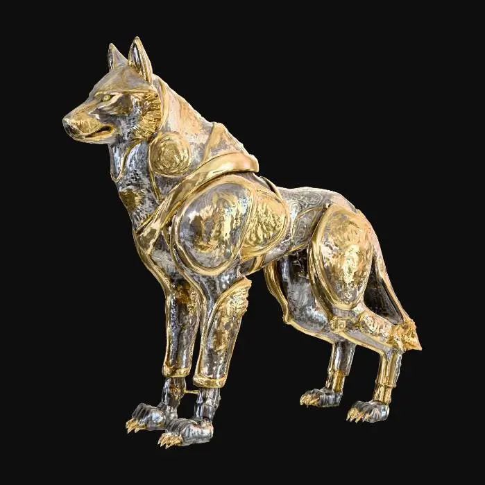 3D model for This magnificent robot wolf stands tall on its mechanical hind legs, its form a masterpiece of ancient-inspired artistry and modern robotics. Its body gleams with a mix of mirror-finished gold and antique silver plating. Across its entire surface, detailed, relief-style carvings depict mythological creatures and intricate swirling patterns. The gold elements highlight these elaborate designs against the silver, creating a regal, almost sacred aesthetic for the technological beast.