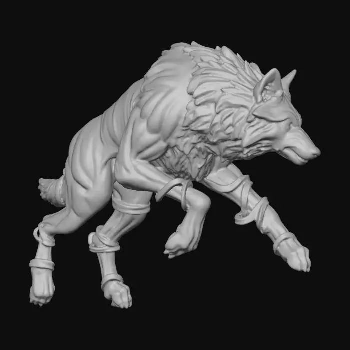 3D model for An agile wolf, poised in an aggressive lunge, appears sculpted from layers of translucent, swirling carnival glass. Its body emanates soft, shifting gradients of rose pink, sky blue, and pale yellow, creating an ethereal glow. The glass has a remarkably smooth, almost liquid-like texture, suggesting endless movement. Intricate, ribbon-like swirls of additional glass material wrap around its muscled legs and focused head, enhancing the sensation of fluid motion and delicate yet impactful form.