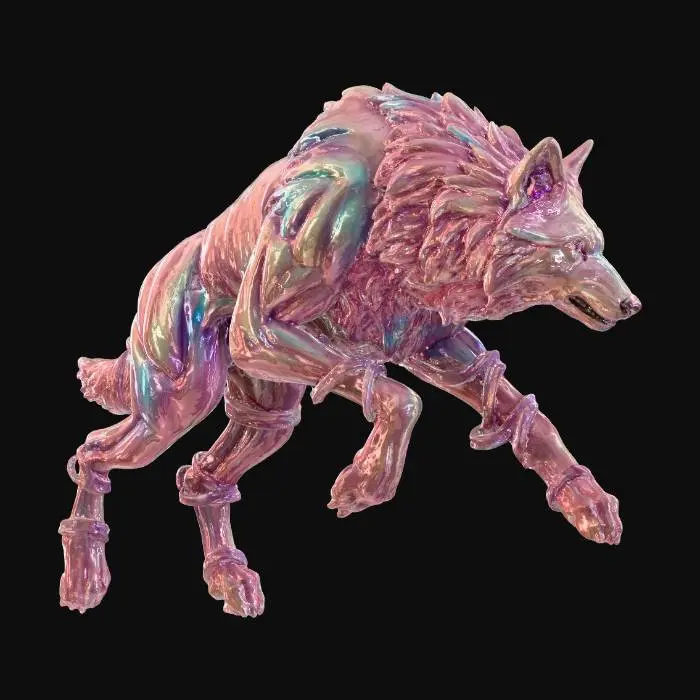 3D model for An agile wolf, poised in an aggressive lunge, appears sculpted from layers of translucent, swirling carnival glass. Its body emanates soft, shifting gradients of rose pink, sky blue, and pale yellow, creating an ethereal glow. The glass has a remarkably smooth, almost liquid-like texture, suggesting endless movement. Intricate, ribbon-like swirls of additional glass material wrap around its muscled legs and focused head, enhancing the sensation of fluid motion and delicate yet impactful form.
