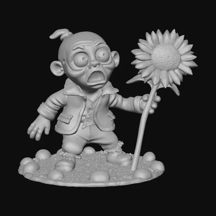 3D model for A comical, plush graveyard zombie prop, depicted half-emerged from the ground with a perplexed expression, holding a tiny, wilting plastic sunflower instead of menacingly reaching. Its decaying flesh is rendered in soft, muted greens and grays, with tattered clothes made of fraying burlap, giving it a harmless, garden-gnome-like charm with a funny, unexpected prop. #Halloween2025#