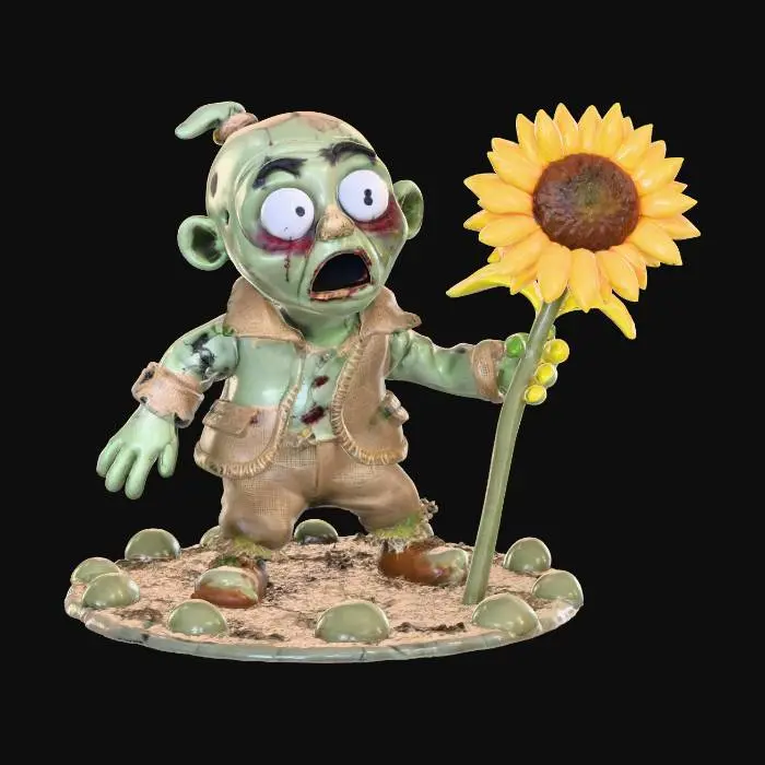3D model for A comical, plush graveyard zombie prop, depicted half-emerged from the ground with a perplexed expression, holding a tiny, wilting plastic sunflower instead of menacingly reaching. Its decaying flesh is rendered in soft, muted greens and grays, with tattered clothes made of fraying burlap, giving it a harmless, garden-gnome-like charm with a funny, unexpected prop. #Halloween2025#