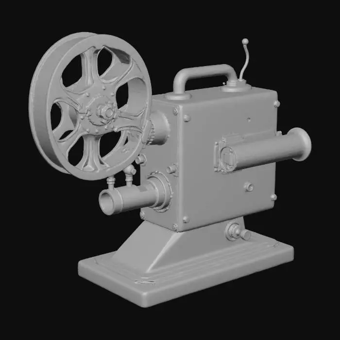 3D model for An antique 8mm film projector, made of heavy, tarnished cast iron with visible rust spots, featuring a single reel of dark, brittle film partially unspooled. The projection lens is smudged and cracked, and the entire device leans slightly, suggesting instability. Its cold, metallic texture contrasts with the fragile, celluloid film, hinting at lost or forbidden narratives. #Halloween2025#
