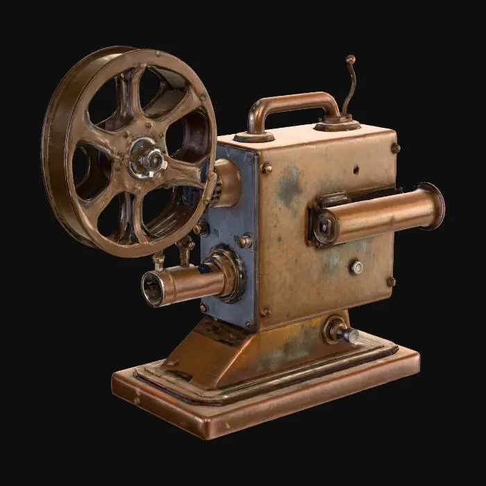 3D model for An antique 8mm film projector, made of heavy, tarnished cast iron with visible rust spots, featuring a single reel of dark, brittle film partially unspooled. The projection lens is smudged and cracked, and the entire device leans slightly, suggesting instability. Its cold, metallic texture contrasts with the fragile, celluloid film, hinting at lost or forbidden narratives. #Halloween2025#
