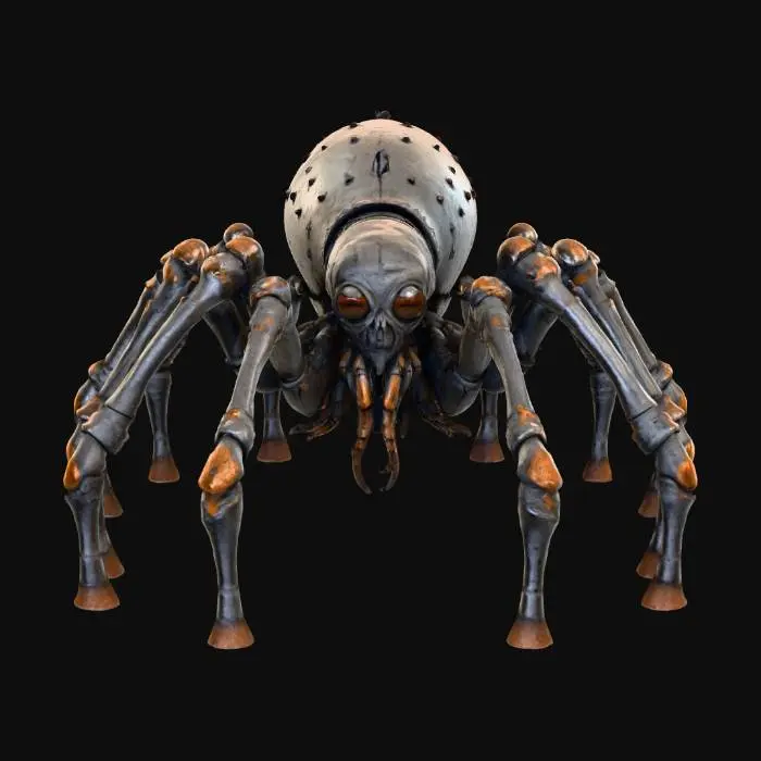 3D model for A grotesque, spider-like cryptid, massive and low-slung, with eight thick, segmented legs resembling rusted rebar and concrete chunks. Its body is an uneven, dark grey mass, studded with sharp, obsidian-like shards where its multiple, unblinking eyes are located. The texture combines rough, crumbling concrete with the cold, pitted feel of corroded metal, creating a terrifyingly industrial horror. #Halloween2025#