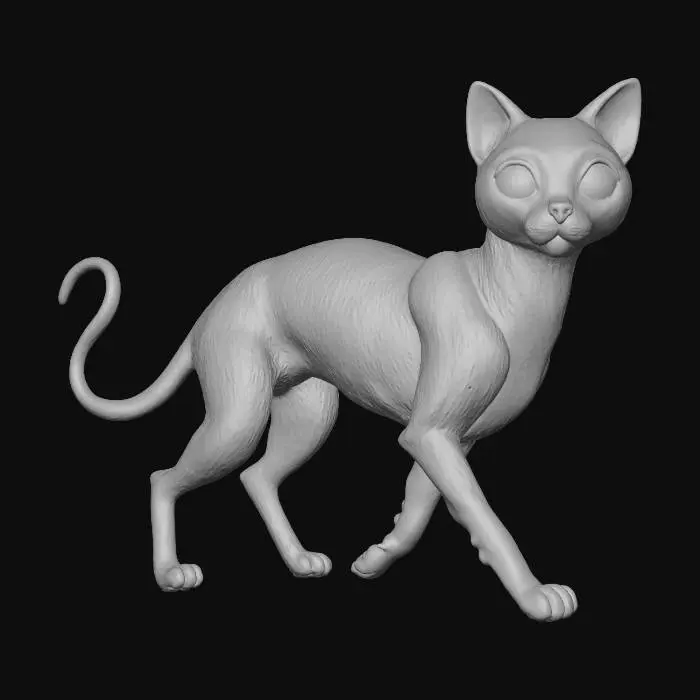 3D model for #Halloween2025#, A "Witch's Data Familiar" creature: a sleek, black cat, but its fur appears to be composed of shimmering, iridescent digital pixels. Its eyes are not organic, but swirling vortexes of code and light. It moves with a fluid, almost liquid grace, occasionally glitching to reveal hidden circuitry beneath its form, embodying a mystical companion born of data and magic. #Halloween2025#