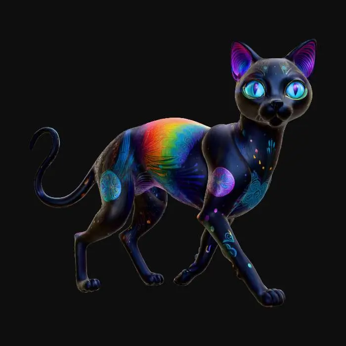 3D model for #Halloween2025#, A "Witch's Data Familiar" creature: a sleek, black cat, but its fur appears to be composed of shimmering, iridescent digital pixels. Its eyes are not organic, but swirling vortexes of code and light. It moves with a fluid, almost liquid grace, occasionally glitching to reveal hidden circuitry beneath its form, embodying a mystical companion born of data and magic. #Halloween2025#