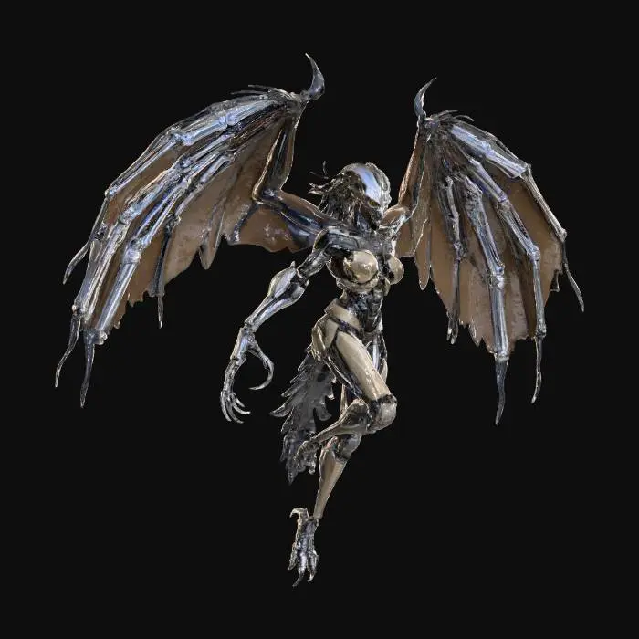 3D model for A "Bio-Mechanical Harpy" creature: a graceful yet terrifying humanoid figure with leathery, bat-like wings that are clearly augmented with gleaming silver hydraulic pistons. Its body is organic, but one arm is a sharp, polished chrome prosthetic ending in razor claws, blending ancient mythological horror with brutal, unsettling cybernetic enhancements. #Halloween2025#