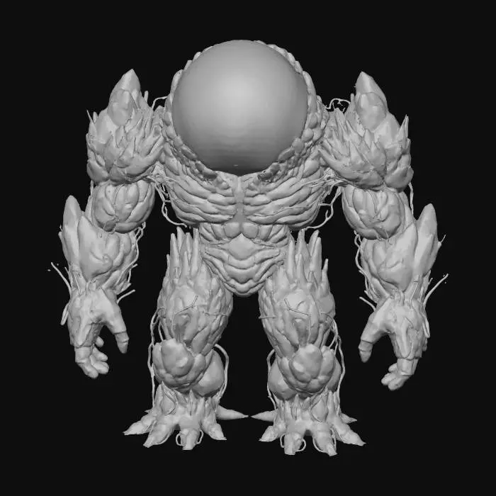 3D model for A "Lunar Opal Golem" character: a hulking, humanoid golem constructed from rough, dark rock and ancient, weathered wood, bound with thick, mossy vines. Its head is a massive, perfectly spherical opal, which glows with a soft, shifting internal moonlight, casting ethereal, multi-colored reflections, merging primal earth with serene, mystical lunar power and unique luminescence. #Halloween2025#
