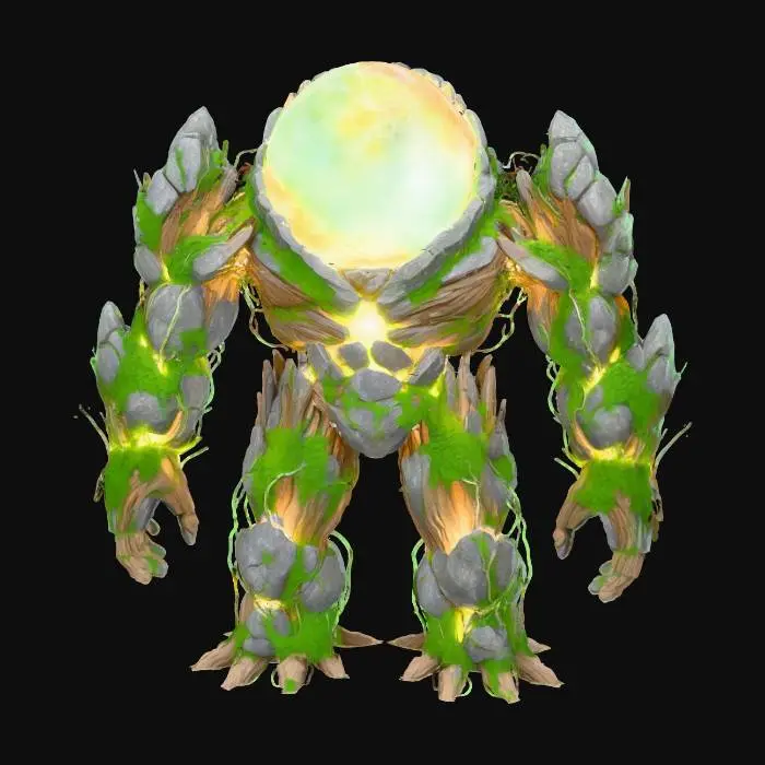 3D model for A "Lunar Opal Golem" character: a hulking, humanoid golem constructed from rough, dark rock and ancient, weathered wood, bound with thick, mossy vines. Its head is a massive, perfectly spherical opal, which glows with a soft, shifting internal moonlight, casting ethereal, multi-colored reflections, merging primal earth with serene, mystical lunar power and unique luminescence. #Halloween2025#