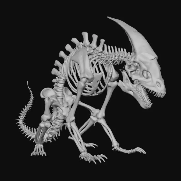 3D model for a warped and twisted horror skeleton of an unknown creature, something like an alien or dinosaur, it is collapsed and resting on the ground, crumbling and falling apart. HR giger style.  long dead. No background. #Halloween2025#