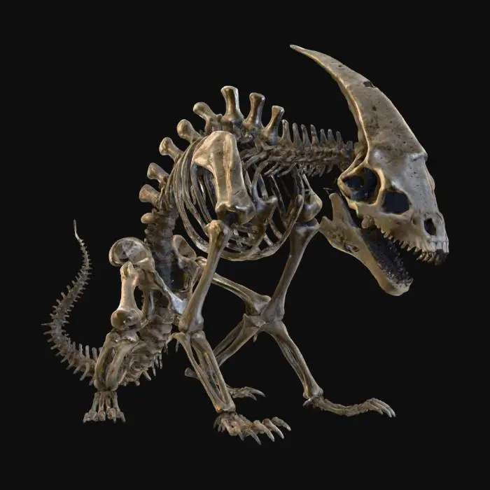 3D model for a warped and twisted horror skeleton of an unknown creature, something like an alien or dinosaur, it is collapsed and resting on the ground, crumbling and falling apart. HR giger style.  long dead. No background. #Halloween2025#