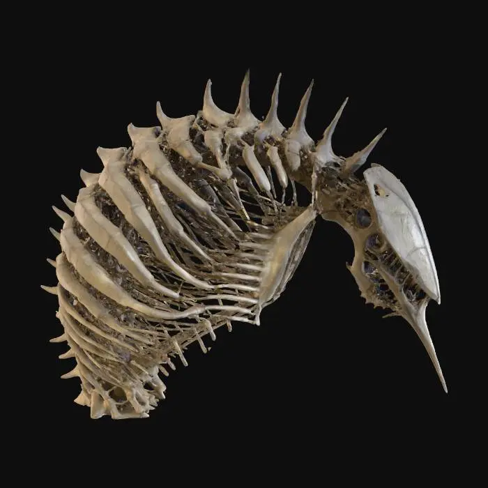 3D model for A massive, alien rib cage, half-submerged in gritty soil, curves into a grotesque, elegant arc, its individual ribs tapering into sharp, almost needle-like points. Portions are fused with what appears to be petrified chitinous plating, crumbling at the edges, revealing an inner network of calcified tubes and conduits, a terrifyingly artistic, HR Giger-esque monument to a long-dead leviathan. #Halloween2025#