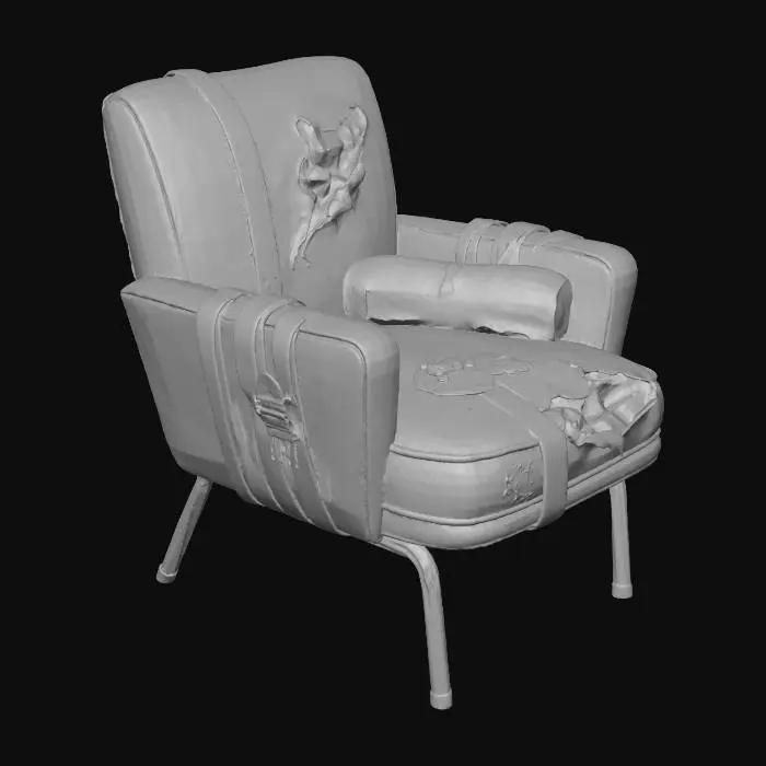 3D model for "A vintage 1950s diner-style armchair, cracked and faded cherry red vinyl upholstery with yellow stuffing exploding out of large rips. The chair is held together with leather belts and duct tape. The metal legs are rusted brown. Graffiti tags scrawled on the back, dusty and worn texture, dramatic lighting, wasteland furniture design. Focus on the aged red vinyl and rusted metal."