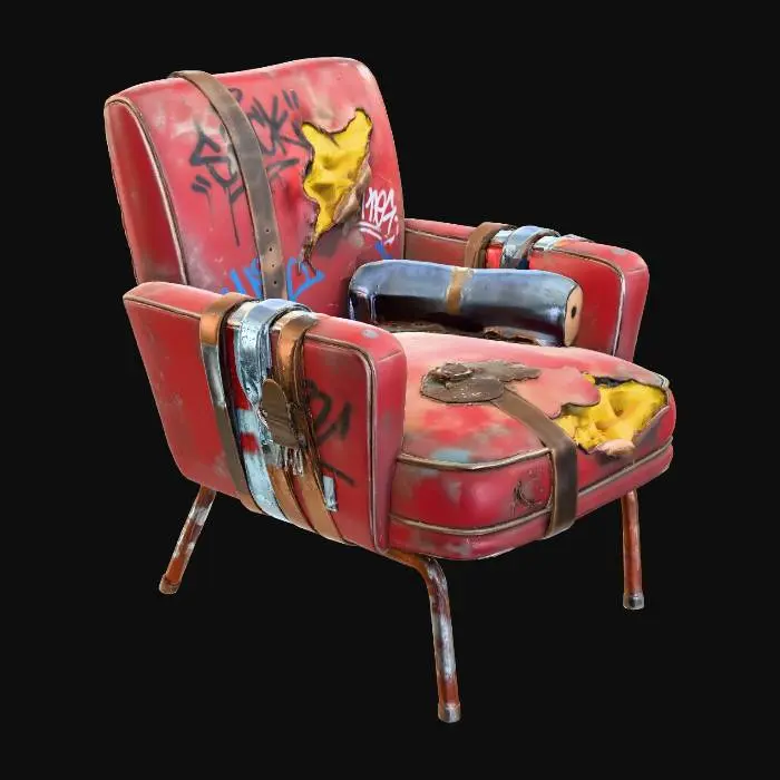 3D model for "A vintage 1950s diner-style armchair, cracked and faded cherry red vinyl upholstery with yellow stuffing exploding out of large rips. The chair is held together with leather belts and duct tape. The metal legs are rusted brown. Graffiti tags scrawled on the back, dusty and worn texture, dramatic lighting, wasteland furniture design. Focus on the aged red vinyl and rusted metal."