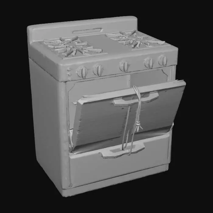 3D model for "A heavy cast-iron gas range stove, 1950s styling with rounded edges. The original white enamel is stained yellow and chipped away to show dark iron and rust. Accents like knobs or trim were originally a bright red, now faded and chipped. The oven door hangs off one hinge, secured by a bungee cord. Grease stains, burn marks, and a 'hazardous' warning decal on the front. Low-poly style with high-resolution texture maps, 3D asset showcase. Emphasize rusted metal with hints of faded red."
