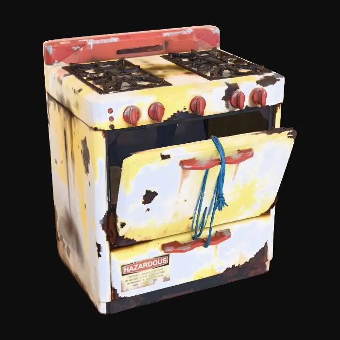 3D model for "A heavy cast-iron gas range stove, 1950s styling with rounded edges. The original white enamel is stained yellow and chipped away to show dark iron and rust. Accents like knobs or trim were originally a bright red, now faded and chipped. The oven door hangs off one hinge, secured by a bungee cord. Grease stains, burn marks, and a 'hazardous' warning decal on the front. Low-poly style with high-resolution texture maps, 3D asset showcase. Emphasize rusted metal with hints of faded red."