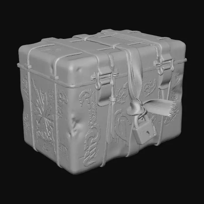 3D model for A grimy, dented metal gift box, sealed shut with heavy-duty, corroded clamps and repurposed zip ties. Faded, colorful graffiti art depicting abstract snowflakes and distorted candy canes in hot pink and lime green covers its surface. A tattered, dirty red ribbon, made from synthetic webbing, is knotted around it, secured by a rusted, broken padlock. The metal is heavily scratched. #Christmas2025#