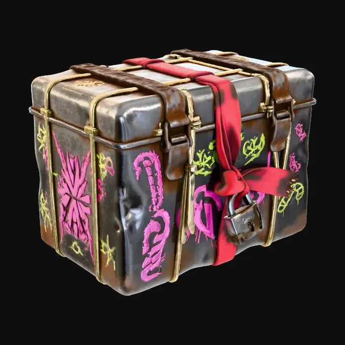 3D model for A grimy, dented metal gift box, sealed shut with heavy-duty, corroded clamps and repurposed zip ties. Faded, colorful graffiti art depicting abstract snowflakes and distorted candy canes in hot pink and lime green covers its surface. A tattered, dirty red ribbon, made from synthetic webbing, is knotted around it, secured by a rusted, broken padlock. The metal is heavily scratched. #Christmas2025#