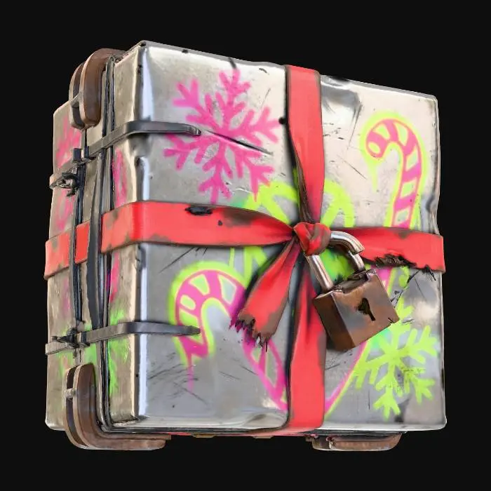 3D model for A grimy, dented metal gift box, sealed shut with heavy-duty, corroded clamps and repurposed zip ties. Faded, colorful graffiti art depicting abstract snowflakes and distorted candy canes in hot pink and lime green covers its surface. A tattered, dirty red ribbon, made from synthetic webbing, is knotted around it, secured by a rusted, broken padlock. The metal is heavily scratched. #Christmas2025#