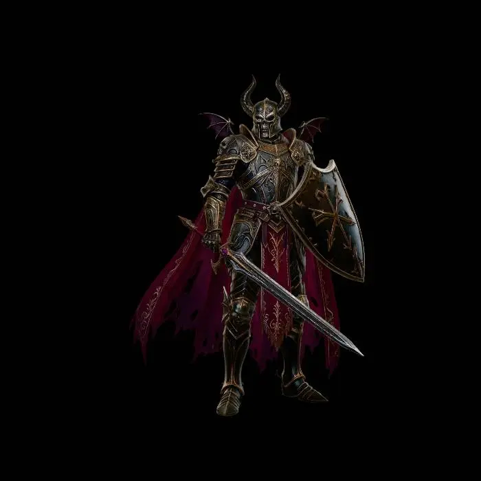 3D model for Change it so that it's just a suit of armor, empty, hanging on a display stand, not an actual character. White background