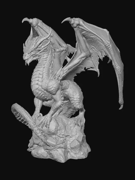 3D model for A formidable D&D style red dragon, powerfully built with a muscular serpentine body and immense leathery wings. Its thick, meticulously textured crimson scales possess a metallic sheen, culminating in sharp claws and menacing, ridged horns. The ancient, fierce expression conveys immense predatory strength and an imposing presence.