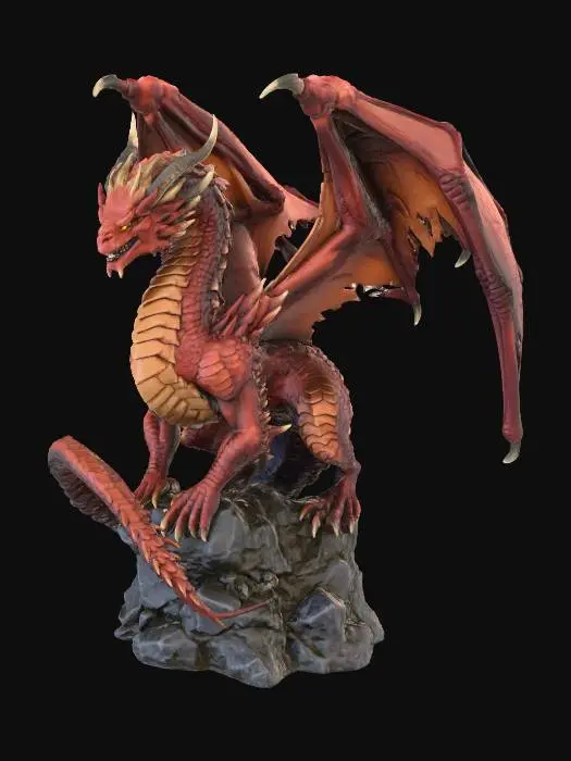 3D model for A formidable D&D style red dragon, powerfully built with a muscular serpentine body and immense leathery wings. Its thick, meticulously textured crimson scales possess a metallic sheen, culminating in sharp claws and menacing, ridged horns. The ancient, fierce expression conveys immense predatory strength and an imposing presence.