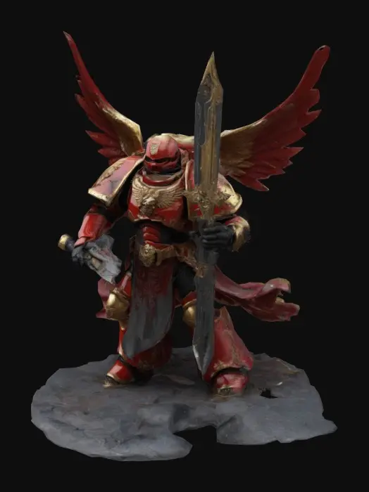 3D model for 
Create a 4K ultra-realistic Blood Angel Space Marine with crimson armor featuring gold and black trim, detailed battle wear, and engraved angelic motifs. Add purity seals with lifelike textures, glowing plasma vents, and ornate weaponry, such as a chainsword and plasma pistol. Pose dynamically with flowing tabards or capes. Place on a shattered battlefield base with embers and atmospheric effects. Use cinematic lighting, ray tracing, and global illumination for a photorealistic finish. No wings