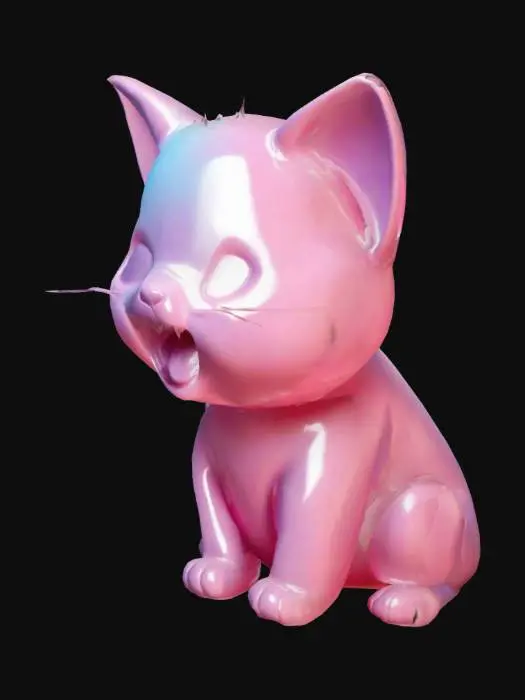 3D model for Generate a highly detailed, stylized 3D model of a cute kitten mid-yawn. The cat should be sitting down with its front paws neatly placed, back slightly arched, and its head tilted slightly upward as it yawns. The mouth should be open wide, showing a small pink tongue and tiny teeth. The eyes should be squinting closed to express a sleepy, relaxed emotion.
Add soft, fluffy fur texture across the entire body, especially around the cheeks, chest, and tail. The cat should have short, rounded ears, a tiny button-like nose, and stubby whiskers. Include subtle details like tiny paw pads, a curled tail resting beside the body, and light folds of skin to give realism.
The model should have a toylike stylized aesthetic — slightly exaggerated proportions,