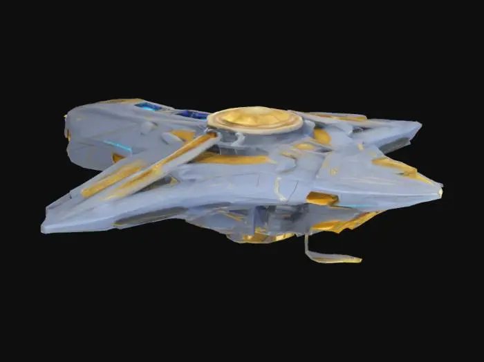 3D model for Design a massive, living AI-controlled cosmic flagship named "TENGRI". It should have a divine, celestial structure with intricate blue-gold energy veins, wings made of solar-plasma, and a semi-sentient crystal core. The interior blends organic Altay patterns with hyper-futuristic tech. It moves like a god through space, revered as a sacred vessel of exploration by the Altay Union.