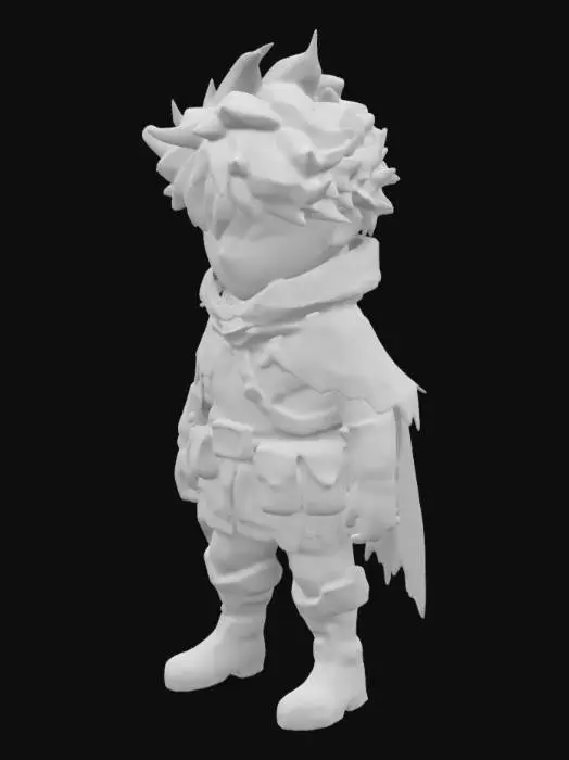 3D model for Um personagem de RPG estilo anime em low poly, um aventureiro jovem com cabelo bagunçado branco, roupas simples em tons de marrom e vermelho, incluindo uma capa com franjas e uma bandoleira com bolsas. Ele usa botas robustas e uma expressão decidida, ambientado em um mundo de fantasia medieval. Aparência detalhada o suficiente para parecer cativante, mas com simplicidade de formas que reflete o estilo low poly.