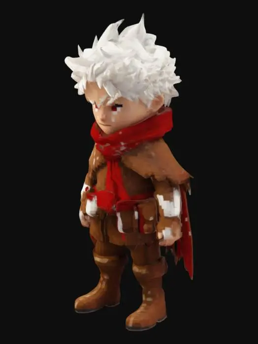 3D model for Um personagem de RPG estilo anime em low poly, um aventureiro jovem com cabelo bagunçado branco, roupas simples em tons de marrom e vermelho, incluindo uma capa com franjas e uma bandoleira com bolsas. Ele usa botas robustas e uma expressão decidida, ambientado em um mundo de fantasia medieval. Aparência detalhada o suficiente para parecer cativante, mas com simplicidade de formas que reflete o estilo low poly.